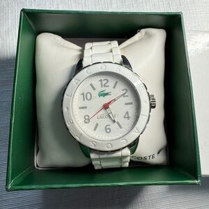 Lacoste White Women's Watch with Green Logo and Red Second Hand
